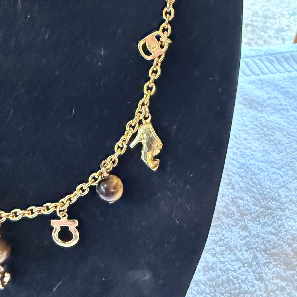 Ferragamo Gold-Tone Charm Necklace with Brown Bead Accents - Picture 3 of 4
